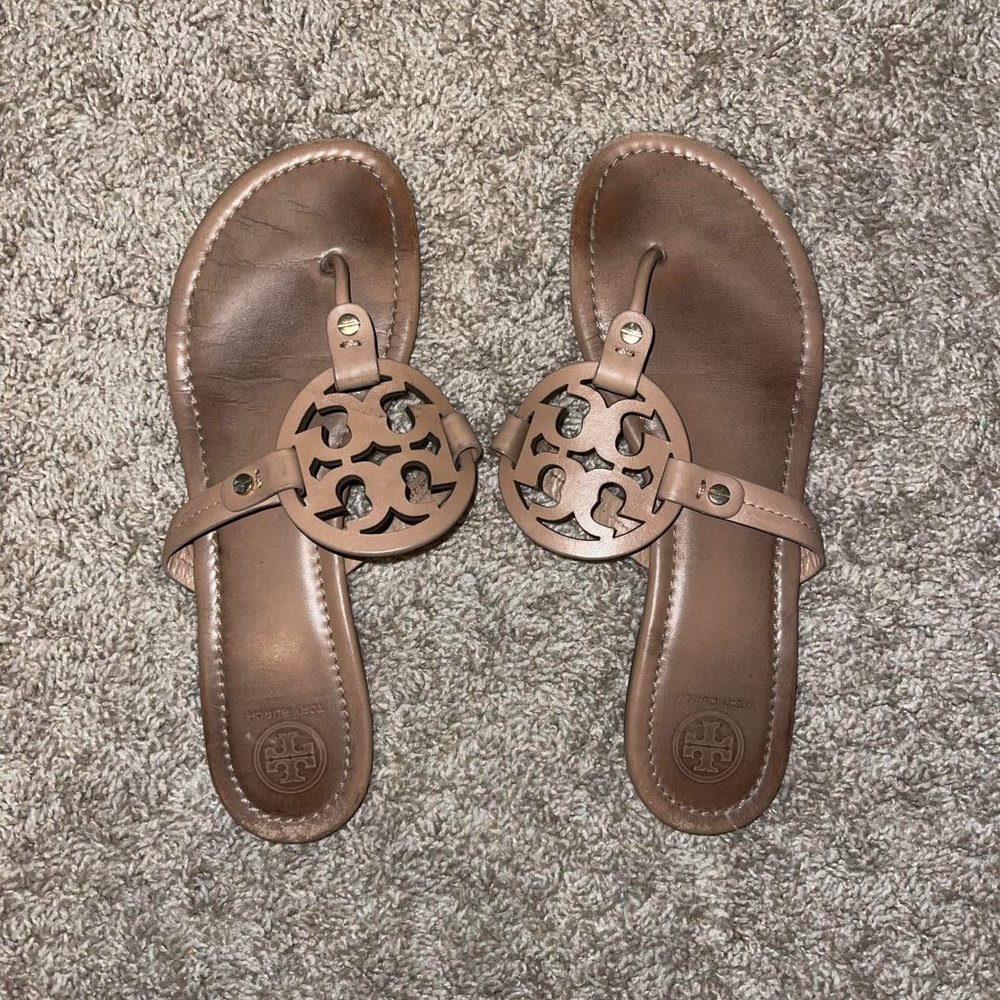 Tory Burch Brown Miller Logo Leather Thong Sandals